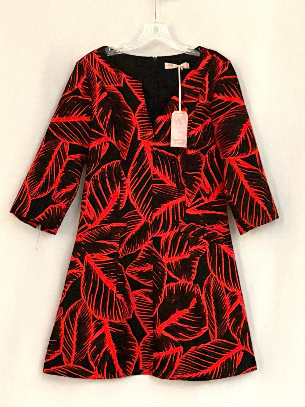 Traffic People Red Leaf-Print 3/4 Sleeve A-Line Dress
